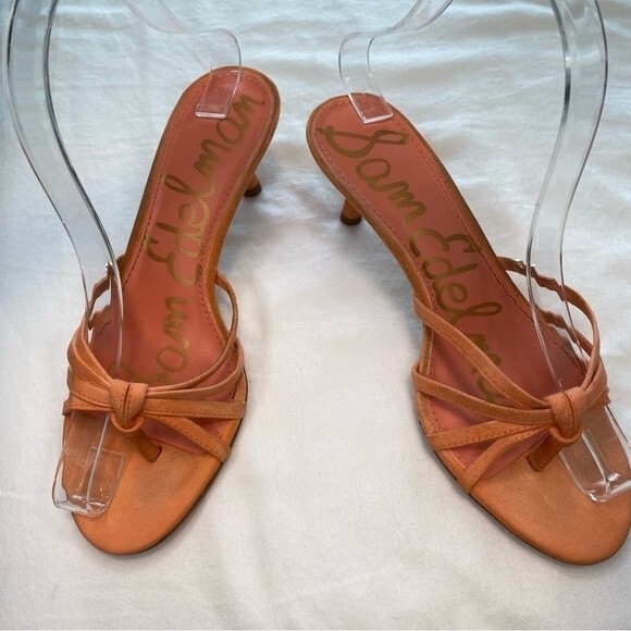 Sam Edelman Jedda Gold Logo Designer Melon Leather Suede Strappy Heels SZ 6 - Picture 2 of 13